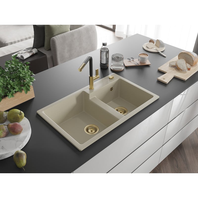 Mexen Tomas Granitspüle 2-Kammer mit Küchenarmatur Flora, beige - 6516-69-670401-57-G