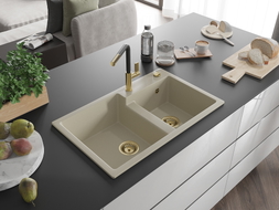 Mexen Tomas Granitspüle 2-Kammer mit Küchenarmatur Flora, beige - 6516-69-670401-57-G