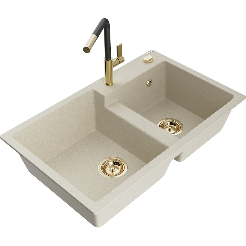 Mexen Tomas Granit-Spüle mit 2 Becken und Küchenarmatur Flora, beige - 6516-69-670401-57-G
