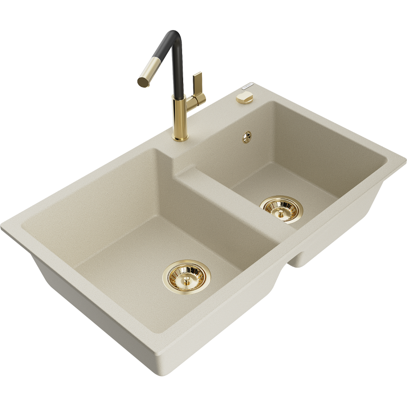 Mexen Tomas Granitspüle 2-Kammer mit Küchenarmatur Flora, beige - 6516-69-670401-57-G
