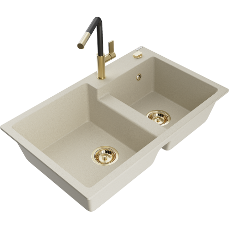 Mexen Tomas Granit-Spüle mit 2 Becken und Küchenarmatur Flora, beige - 6516-69-670401-57-G