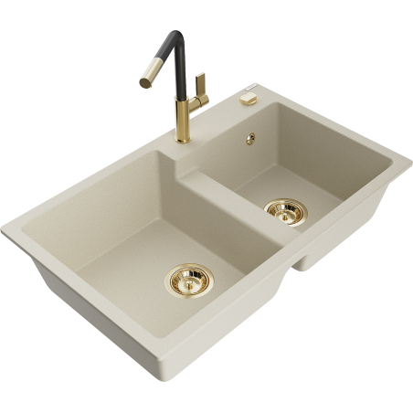 Mexen Tomas Granitspüle 2-Kammer mit Küchenarmatur Flora, beige - 6516-69-670401-57-G
