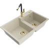 Mexen Tomas Granit-Spüle mit 2 Becken und Küchenarmatur Flora, beige - 6516-69-670401-57-G