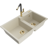 Mexen Tomas Granitspüle 2-Kammer mit Küchenarmatur Flora, beige - 6516-69-670401-57-G
