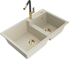 Mexen Tomas Granitspüle 2-Kammer mit Küchenarmatur Flora, beige - 6516-69-670401-57-G