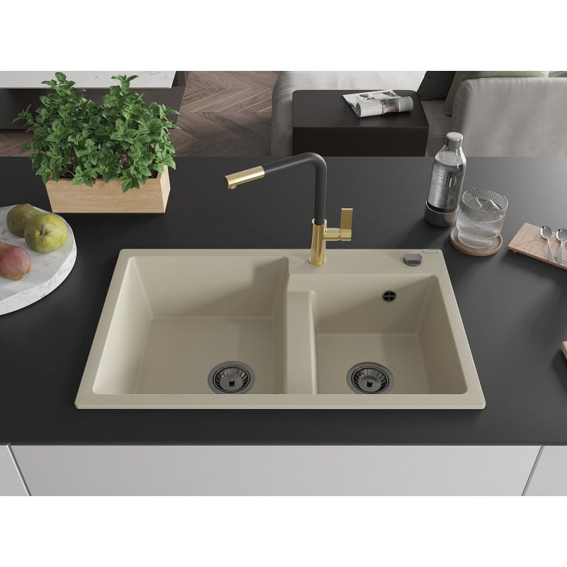 Mexen Tomas Granitspüle 2-Becken mit Küchenarmatur Flora, Beige - 6516-69-670401-57-B