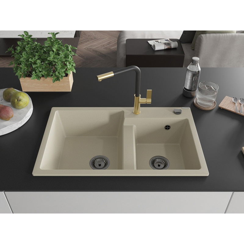 Mexen Tomas Granitspüle 2-Kammer mit Küchenarmatur Flora, beige - 6516-69-670401-57-B