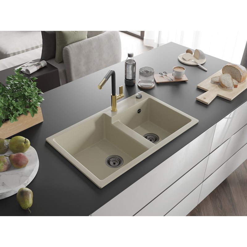 Mexen Tomas Granitspüle 2-Becken mit Küchenarmatur Flora, Beige - 6516-69-670401-57-B