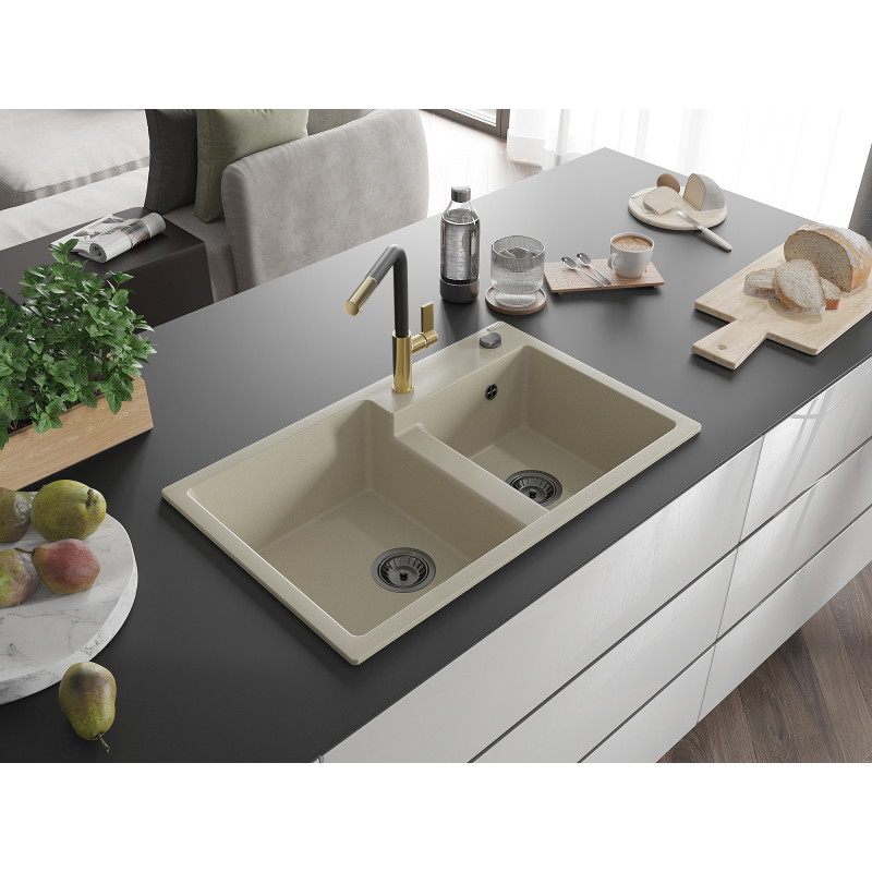 Mexen Tomas Granitspüle 2-Kammer mit Küchenarmatur Flora, beige - 6516-69-670401-57-B