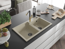 Mexen Tomas Granitspüle 2-Becken mit Küchenarmatur Flora, Beige - 6516-69-670401-57-B