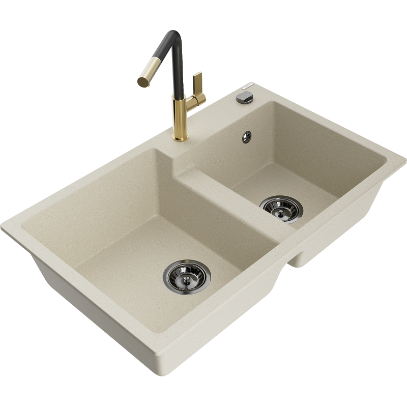 Mexen Tomas Granitspüle 2-Becken mit Küchenarmatur Flora, Beige - 6516-69-670401-57-B