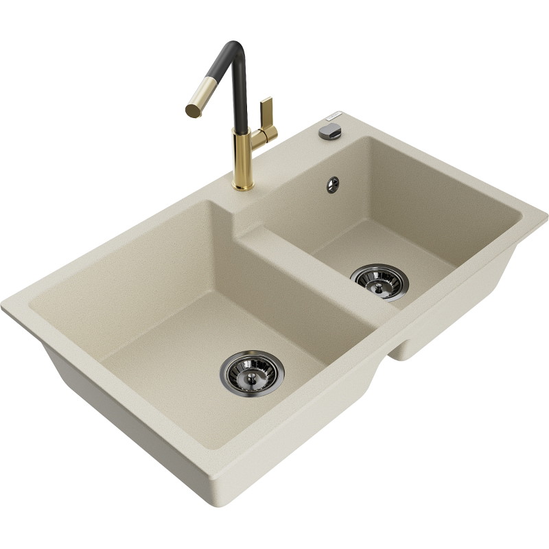 Mexen Tomas Granitspüle 2-Kammer mit Küchenarmatur Flora, beige - 6516-69-670401-57-B