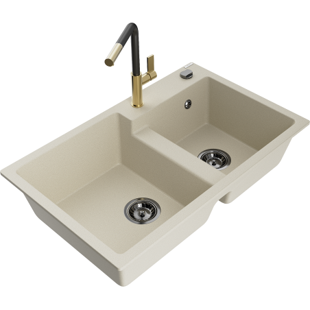 Mexen Tomas Granitspüle 2-Becken mit Küchenarmatur Flora, Beige - 6516-69-670401-57-B