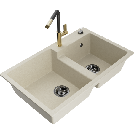 Mexen Tomas Granitspüle 2-Kammern mit Küchenarmatur Flora, beige - 6516-69-670401-57-B