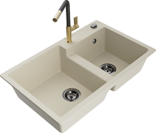 Mexen Tomas Granitspüle 2-Becken mit Küchenarmatur Flora, Beige - 6516-69-670401-57-B