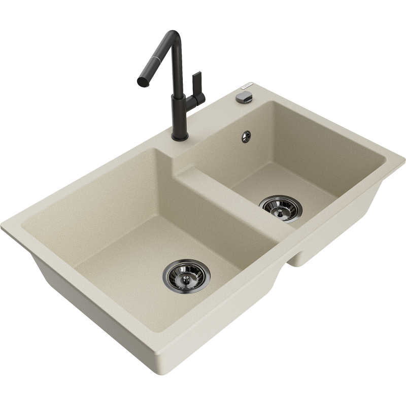Mexen Tomas Granit-Spüle 2 Kammern mit Küchenarmatur Flora, beige - 6516-69-670401-70-B