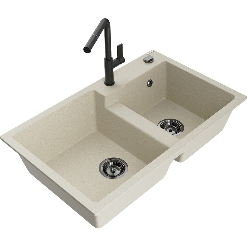 Mexen Tomas granitspüle mit 2 Becken und Küchenarmatur Flora, beige - 6516-69-670401-70-B