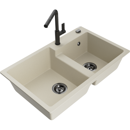 Mexen Tomas granitspüle mit 2 Becken und Küchenarmatur Flora, beige - 6516-69-670401-70-B