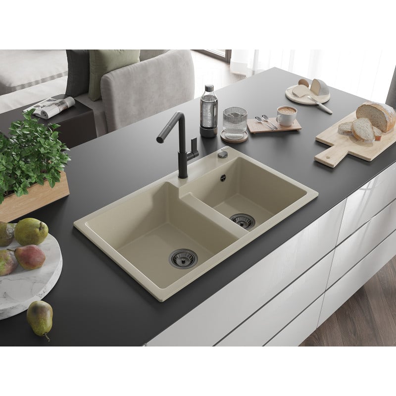 Mexen Tomas Granit-Spüle 2 Kammern mit Küchenarmatur Flora, beige - 6516-69-670401-70-B