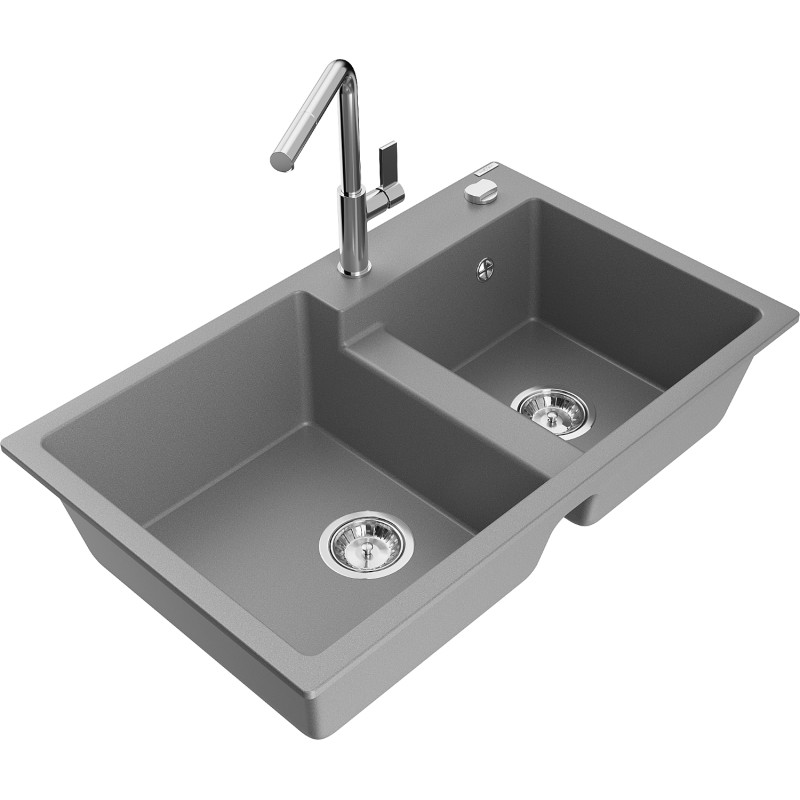 Mexen Tomas 2-Kammer-Granispüle mit Küchenarmatur Flora, grau - 6516-71-670401-00