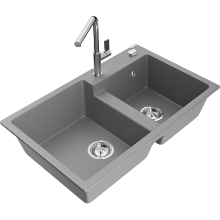 Mexen Tomas Granitspüle 2-Becken mit Küchenarmatur Flora, grau - 6516-71-670401-00
