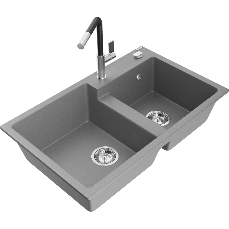 Mexen Tomas Granitspüle 2-becken mit Küchenarmatur Flora, grau - 6516-71-670401-07