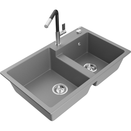 Mexen Tomas Granitspüle 2-becken mit Küchenarmatur Flora, grau - 6516-71-670401-07