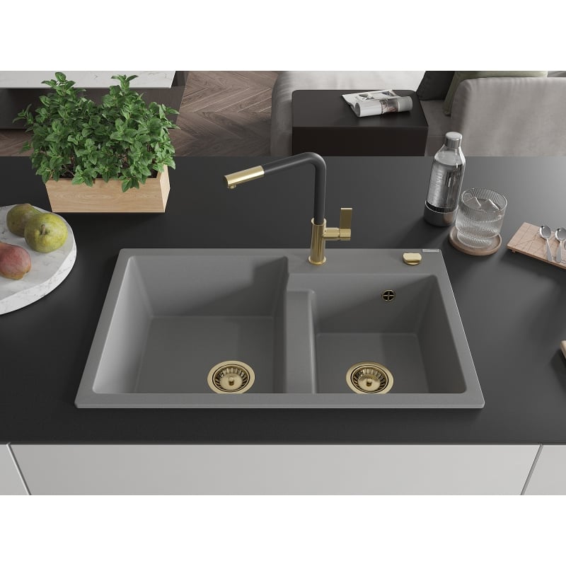 Mexen Tomas 2-Kammer Granitspüle mit Küchenarmatur Flora, grau - 6516-71-670401-57-G