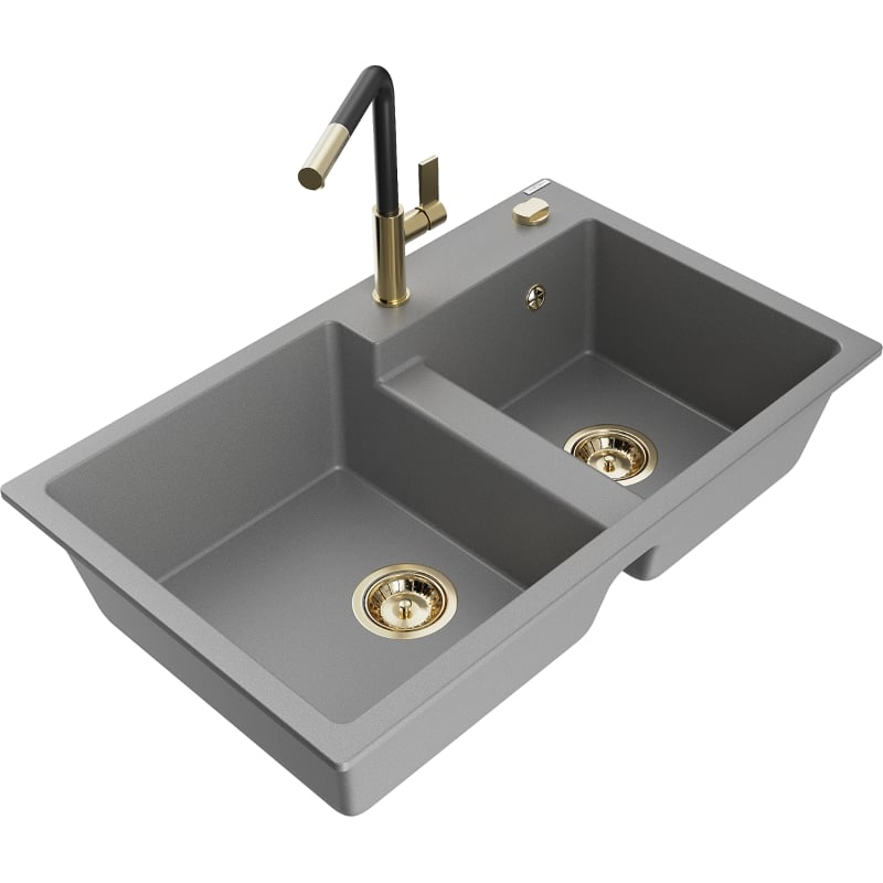 Mexen Tomas 2-Kammer Granitspüle mit Küchenarmatur Flora, grau - 6516-71-670401-57-G