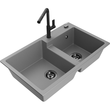 Mexen Tomas 2-Becken Granitspüle mit Küchenarmatur Flora, grau - 6516-71-670401-70-B