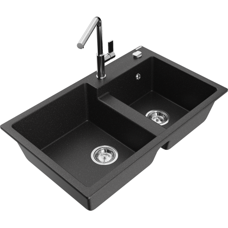 Mexen Tomas Granitspüle 2-Kammer mit Küchenarmatur Flora, Schwarz/Silber Metallic - 6516-73-670401-00