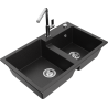 Mexen Tomas Granitspüle 2-Kammer mit Küchenarmatur Flora, Schwarz/Silber Metallic - 6516-73-670401-00