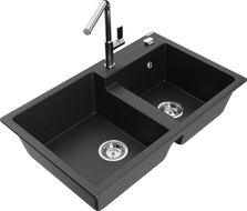 Mexen Tomas Granitspüle 2-Kammer mit Küchenarmatur Flora, Schwarz/Silber Metallic - 6516-73-670401-00