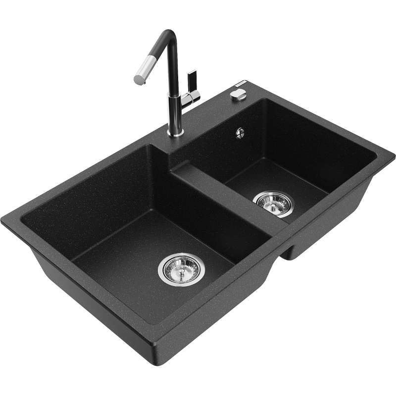 Mexen Tomas Granitspüle mit 2 Becken und Küchenarmatur Flora, schwarz/silber matt - 6516-73-670401-07