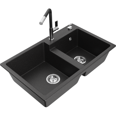 Mexen Tomas Granitspüle, 2-Kammern, mit Küchenarmatur Flora, schwarz/silbermetallic - 6516-73-670401-07