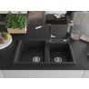 Mexen Tomas Granitspüle mit 2 Becken und Küchenarmatur Flora, schwarz/silber matt - 6516-73-670401-07