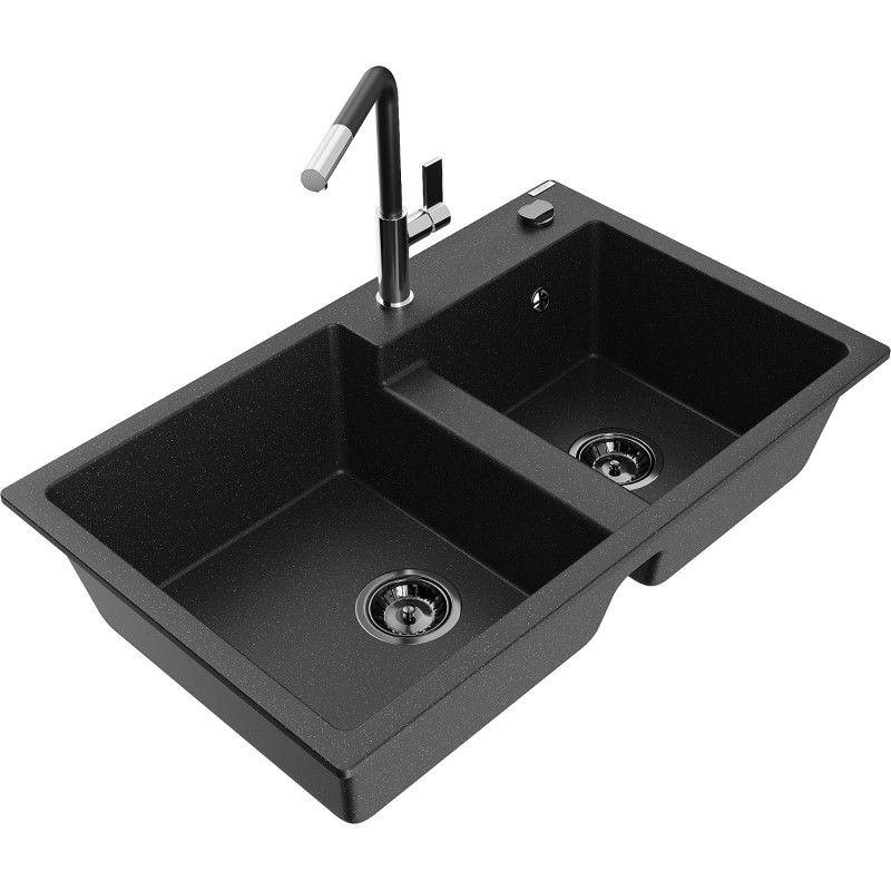 Mexen Tomas Granitspüle 2-Kammer mit Küchenarmatur Flora, schwarz/silber metallic - 6516-73-670401-07-B