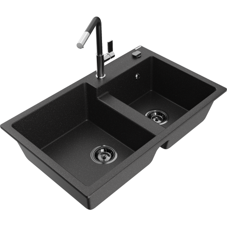 Mexen Tomas Granitspüle 2-Becken mit Küchenarmatur Flora, schwarz/silber metallisch - 6516-73-670401-07-B