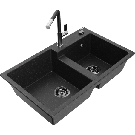 Mexen Tomas Granitspüle 2-Kammer mit Küchenarmatur Flora, schwarz/silber metallic - 6516-73-670401-07-B
