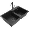 Mexen Tomas Granitspüle 2-Becken mit Küchenarmatur Flora, schwarz/silber metallisch - 6516-73-670401-07-B