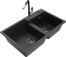 Mexen Tomas Granitspüle 2-Becken mit Küchenarmatur Flora, schwarz/silber metallisch - 6516-73-670401-07-B
