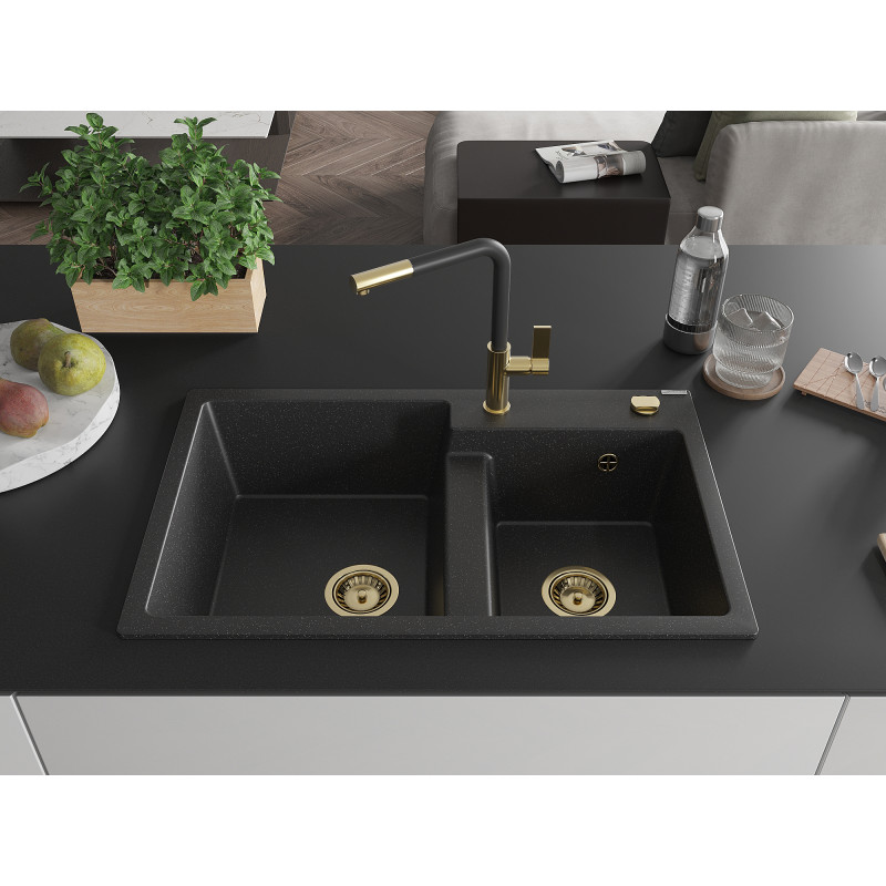 Mexen Tomas 2-Kammer Granitspüle mit Küchenarmatur Flora, schwarz/silber metallisch - 6516-73-670401-57-G