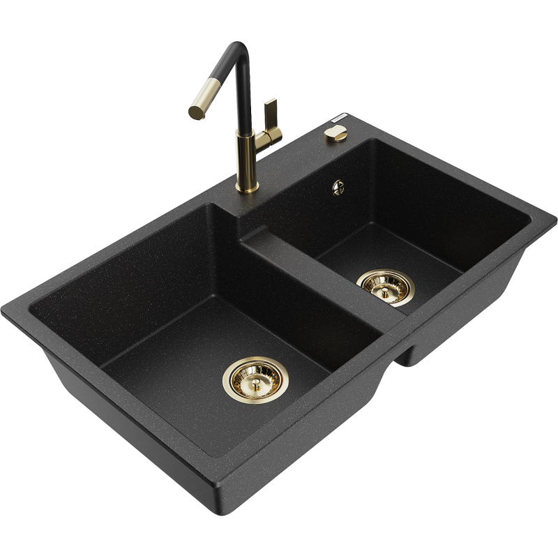 Mexen Tomas 2-Kammer Granitspüle mit Küchenarmatur Flora, schwarz/silber metallisch - 6516-73-670401-57-G