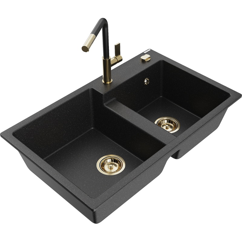 Mexen Tomas Granitspüle 2-Kammern mit Küchenarmatur Flora, schwarz/silber metallic - 6516-73-670401-57-G