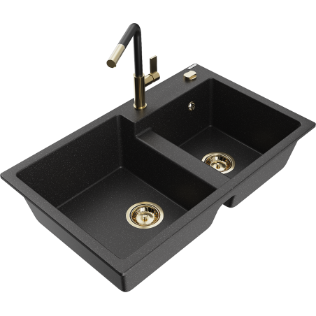 Mexen Tomas 2-Kammer Granitspüle mit Küchenarmatur Flora, schwarz/silber metallisch - 6516-73-670401-57-G