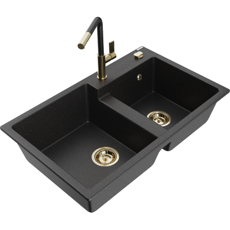 Mexen Tomas Granitspüle 2-Kammern mit Küchenarmatur Flora, schwarz/silber metallic - 6516-73-670401-57-G
