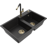 Mexen Tomas 2-Kammer Granitspüle mit Küchenarmatur Flora, schwarz/silber metallisch - 6516-73-670401-57-G