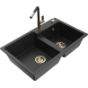 Mexen Tomas Granitspüle 2-Kammern mit Küchenarmatur Flora, schwarz/silber metallic - 6516-73-670401-57-G