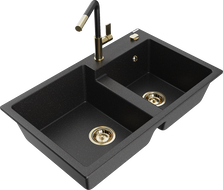 Mexen Tomas 2-Kammer Granitspüle mit Küchenarmatur Flora, schwarz/silber metallisch - 6516-73-670401-57-G