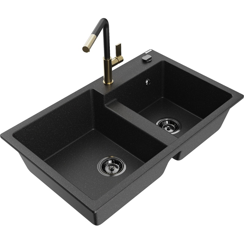 Mexen Tomas Granitspüle mit 2 Becken und Küchenarmatur Flora, schwarz/silber metallic - 6516-73-670401-57-B
